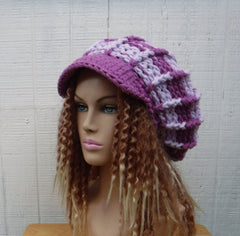 Handmade Orchid Purple Stripes Newsboy Hat for Women, Slouchy Beanie with Visor