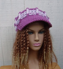 Handmade Orchid Purple Stripes Newsboy Hat for Women, Slouchy Beanie with Visor