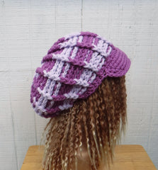 Handmade Orchid Purple Stripes Newsboy Hat for Women, Slouchy Beanie with Visor