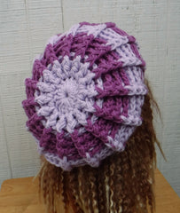 Handmade Orchid Purple Stripes Newsboy Hat for Women, Slouchy Beanie with Visor