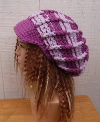 Handmade Orchid Purple Stripes Newsboy Hat for Women, Slouchy Beanie with Visor