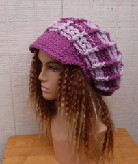 Handmade Orchid Purple Stripes Newsboy Hat for Women, Slouchy Beanie with Visor