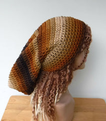 Dread Tam, long slouchy beanie, Brown tones Slouchy Beanie Tam, vegan dreadlocks Hat rasta baggy hat, slouch hat, man woman slouchy hat