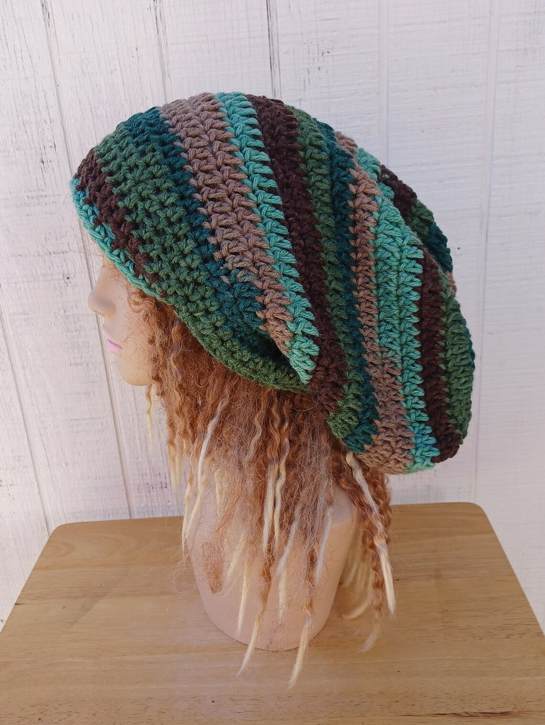 Dread Tam, long slouchy beanie, Brown Green Forest Slouchy Beanie Tam, vegan dreadlocks Hat rasta baggy hat, slouch hat, man woman slouchy hat