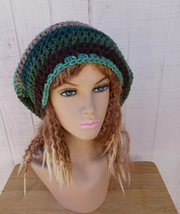 Dread Tam, long slouchy beanie, Brown Green Forest Slouchy Beanie Tam, vegan dreadlocks Hat rasta baggy hat, slouch hat, man woman slouchy hat