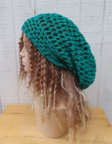 Hemp cotton beanie emerald green slouchy hat Dread Tam Snood hat, crochet summer beanie, woman slouchy hat, man slouch hat, vegan