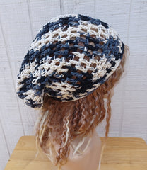 Zebra offwhite charcoal black cotton slouchy beanie small dread tam hat summer beanie