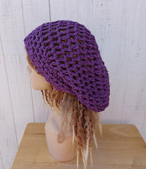 Hemp cotton beanie grape purple slouchy hat Dread Tam Snood hat, crochet summer beanie, woman slouchy hat, man slouch hat, vegan
