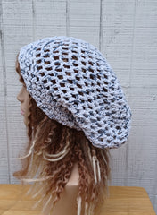 Speckled white charcoal cotton slouchy beanie small dread tam hat summer beanie