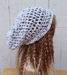 Speckled white charcoal cotton slouchy beanie small dread tam hat summer beanie