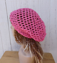 Hemp cotton beanie pink slouchy hat Dread Tam Snood hat, crochet summer beanie, woman slouchy hat, man slouch hat, vegan