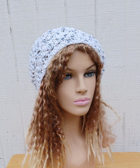 Speckled white charcoal cotton slouchy beanie small dread tam hat summer beanie