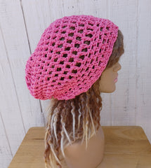 Hemp cotton beanie pink slouchy hat Dread Tam Snood hat, crochet summer beanie, woman slouchy hat, man slouch hat, vegan