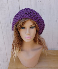 Hemp cotton beanie grape purple slouchy hat Dread Tam Snood hat, crochet summer beanie, woman slouchy hat, man slouch hat, vegan
