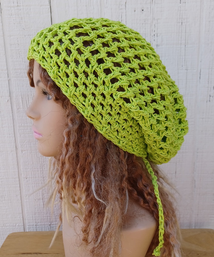 Hemp cotton beanie lime green slouchy hat Dread Tam Snood hat, crochet summer beanie, woman hat, man slouchy hat, vegan