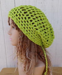 Hemp cotton beanie lime green slouchy hat Dread Tam Snood hat, crochet summer beanie, woman hat, man slouchy hat, vegan