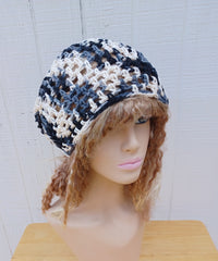 Zebra offwhite charcoal black cotton slouchy beanie small dread tam hat summer beanie