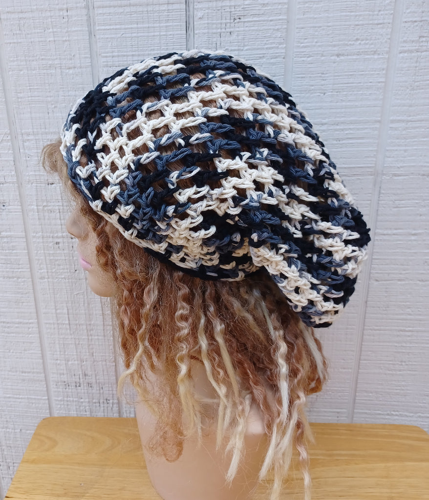 Zebra offwhite charcoal black cotton slouchy beanie small dread tam hat summer beanie