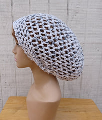 Speckled white charcoal cotton slouchy beanie small dread tam hat summer beanie