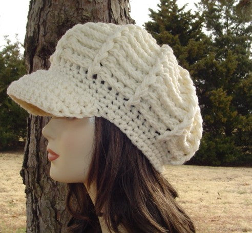 Aran Newsboy Cap, Visor Hat, cream billed Beanie, crochet cap