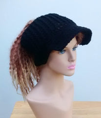 Handmade Black Ponytail hat, Visor Dread Tube cap, billed dread tube headband