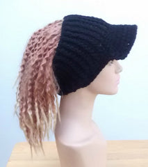 Handmade Black Ponytail hat, Visor Dread Tube cap, billed dread tube headband