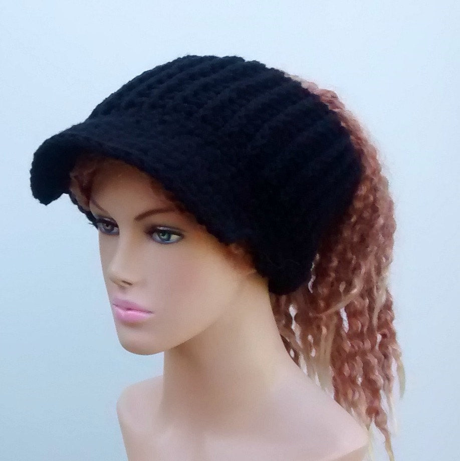 Handmade Black Ponytail hat, Visor Dread Tube cap, billed dread tube headband