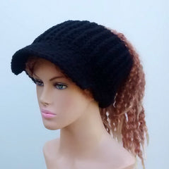 Handmade Black Ponytail hat, Visor Dread Tube cap, billed dread tube headband