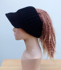 Handmade Black Ponytail hat, Visor Dread Tube cap, billed dread tube headband