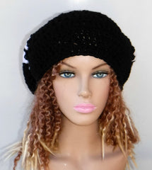 Long black white slouchy large Tam Dreadlock Hippie Beanie Dread Hat handmade crochet unisex