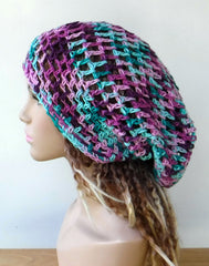 Handmade slouchy beanie mint green berry variegated cotton snood slouchy hat/women men Dread Tam hairnet hat/light summer beanie