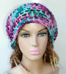 Handmade slouchy beanie mint green berry variegated cotton snood slouchy hat/women men Dread Tam hairnet hat/light summer beanie