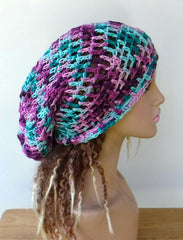 Handmade slouchy beanie mint green berry variegated cotton snood slouchy hat/women men Dread Tam hairnet hat/light summer beanie
