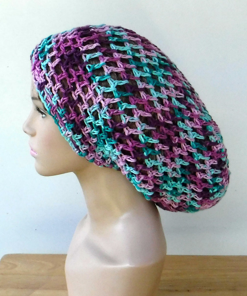 Handmade slouchy beanie mint green berry variegated cotton snood slouchy hat/women men Dread Tam hairnet hat/light summer beanie