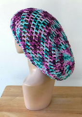 Handmade slouchy beanie mint green berry variegated cotton snood slouchy hat/women men Dread Tam hairnet hat/light summer beanie