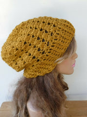 Sun gold slouchy beanie, woman slouchy hat/gold yellow crochet beanie/woman slouch hat/slouchy beanie/vegan handmade beanie