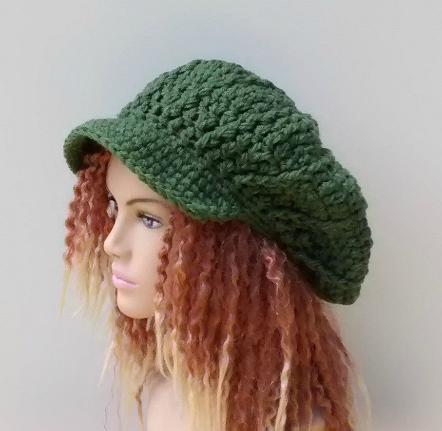 Slouchy Newsboy cap, Visor Dread Tam Thyme Green Hippie brimmed beanie