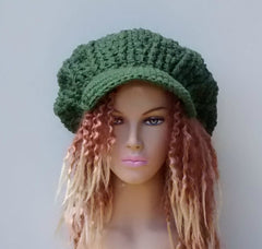 Slouchy Newsboy cap, Visor Dread Tam Thyme Green Hippie brimmed beanie
