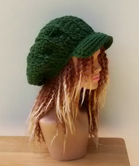 Slouchy Newsboy cap, Visor Dread Tam Thyme Green Hippie brimmed beanie