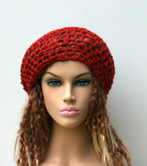 Summer beanie in chili red hemp wool snood small tam slouchy beanie hat handmade