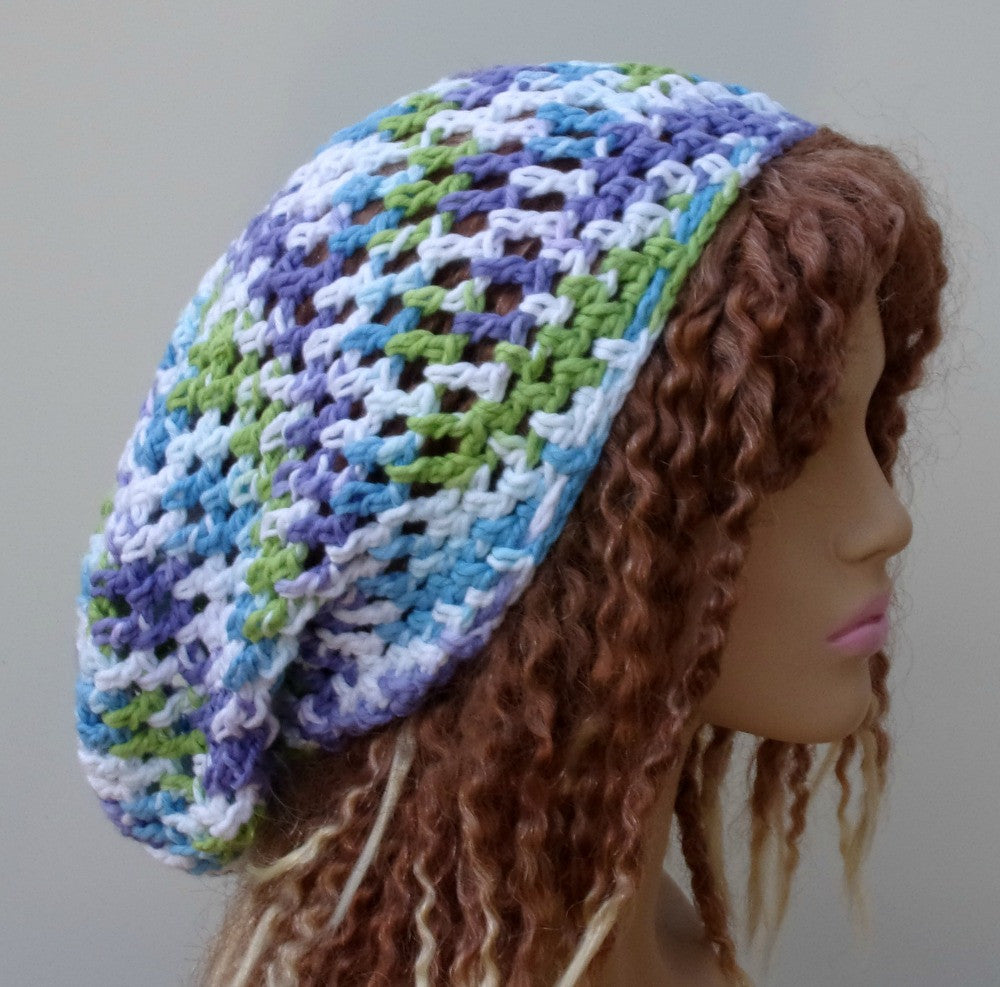 Purple Green White Blue All Cotton Hair Wrangler Hippie Hairnet Long Tam Hat Slouchy Beanie
