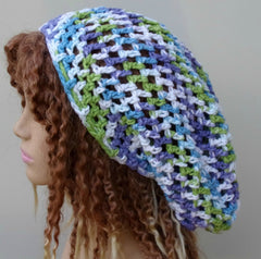 Purple Green White Blue All Cotton Hair Wrangler Hippie Hairnet Long Tam Hat Slouchy Beanie