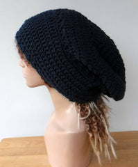 Dark denim blue slouchy large Tam Dreadlock Hippie Beanie Dread Hat handmade crochet unisex