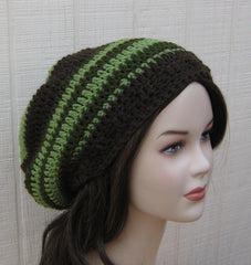 Green Brown Slouchy Beanie smaller Dread Tam Hat, Hippie Slouch Beanie, woman man hat