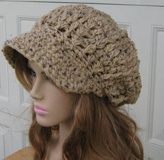 Newsboy hat, Tan Rustic Tweed Cap, Visor Tam Hat, Slouchy Beanie hat, Newsboy Beanie Billed hat, crochet cap