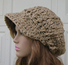Newsboy hat, Tan Rustic Tweed Cap, Visor Tam Hat, Slouchy Beanie hat, Newsboy Beanie Billed hat, crochet cap