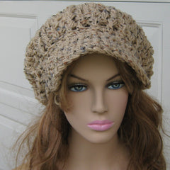 Handmade Newsboy hat, Tan Rustic Tweed Cap, Visor Tam Hat, Slouchy Beanie Billed hat beige