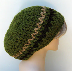 Olive slouchy beanie, smaller Hippie Dread Tam Hat, green crochet beanie, woman man slouch hat, slouchy beanie, vegan, soft, handmade beanie