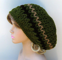 Olive slouchy beanie, smaller Hippie Dread Tam Hat, green crochet beanie, woman man slouch hat, slouchy beanie, vegan, soft, handmade beanie