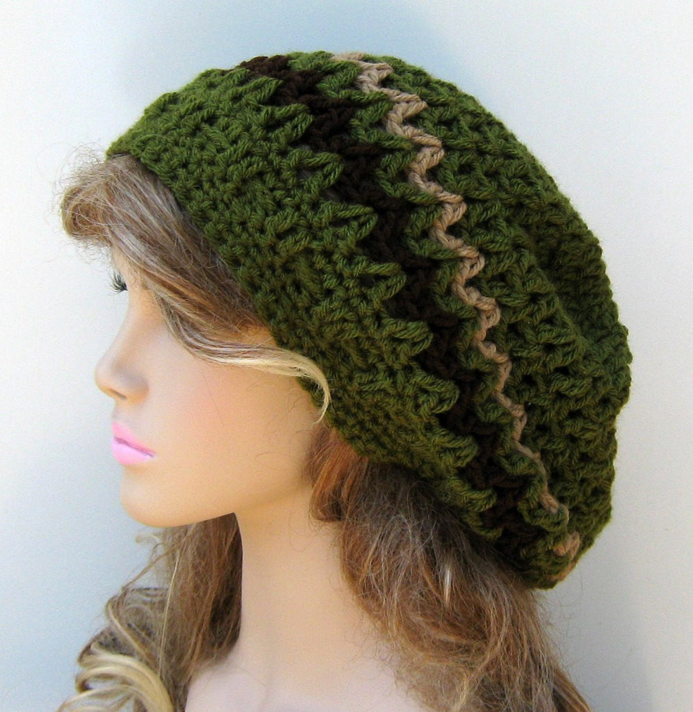 Olive slouchy beanie, smaller Hippie Dread Tam Hat, green crochet beanie, woman man slouch hat, slouchy beanie, vegan, soft, handmade beanie